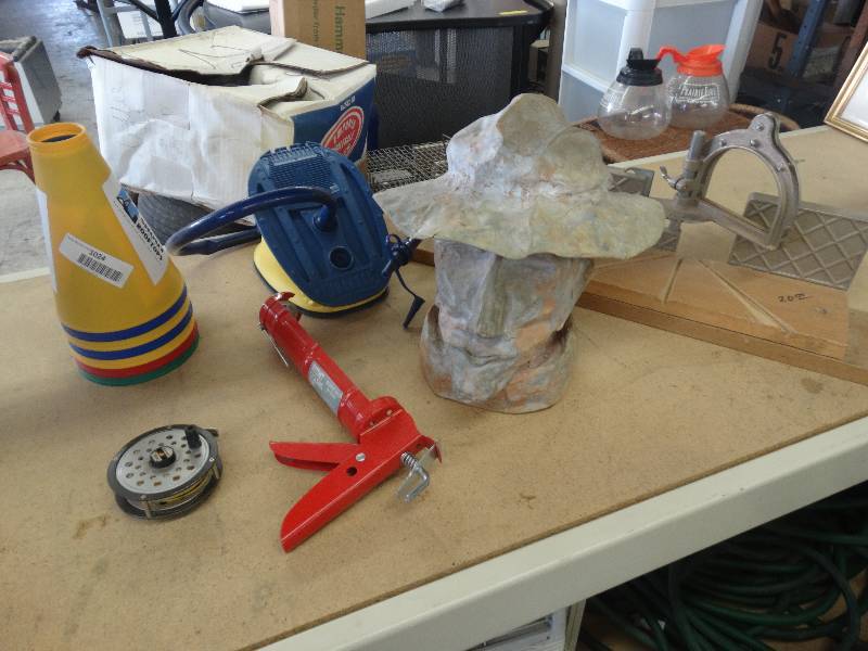 lot 1024 image: Stack Of Shout Cones, Fly Reel, Caulking Gun & Misc.
