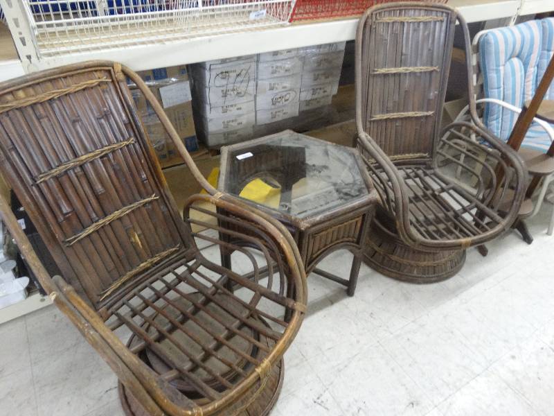 lot 1045 image: Hexagon Table & 2 Matching Lounge Chairs No Cushions.
