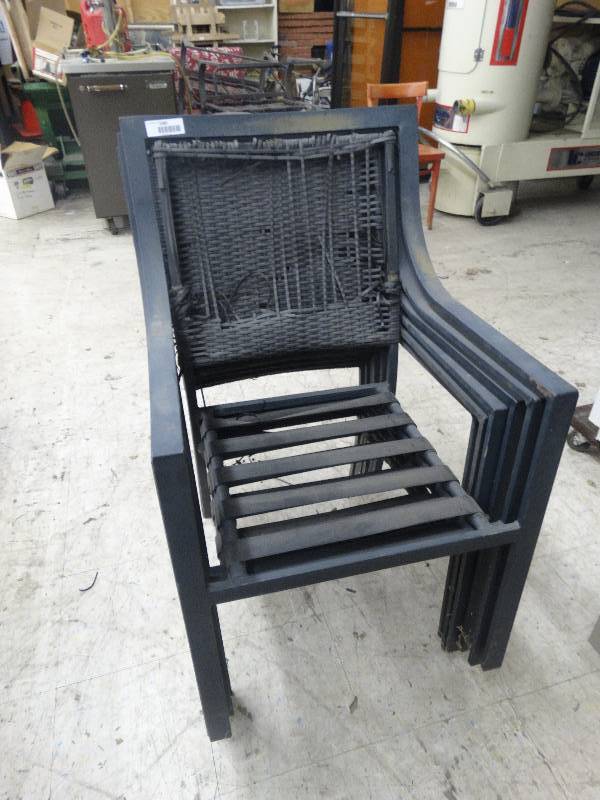 lot 1081 image: 6 Metal Patio Chairs - May Need New Weaved Backs.