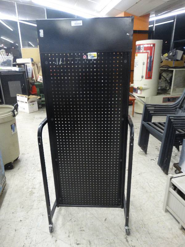 lot 1082 image: Double Sided Peg Board Display Rack On Wheels.