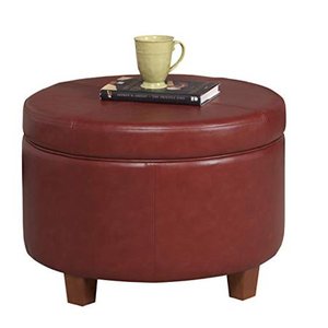 lot 29597 image: HomePop Round Leatherette Storage Ottoman with Lid, Cinnamon Red
