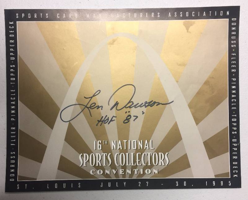 lot 1024 image: 8x10 Promotional Flyer Signed by Len Dawon HOF 87 Inscription at National Card Show in St. Louis in 1995