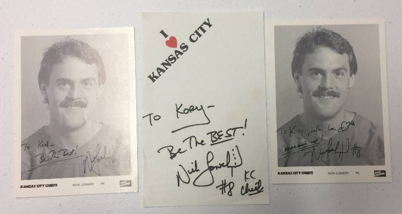 lot 1025 image: Three Kansas City Chiefs Kicker Nick Lowery Autographs on Price Chopper Promotional Photo