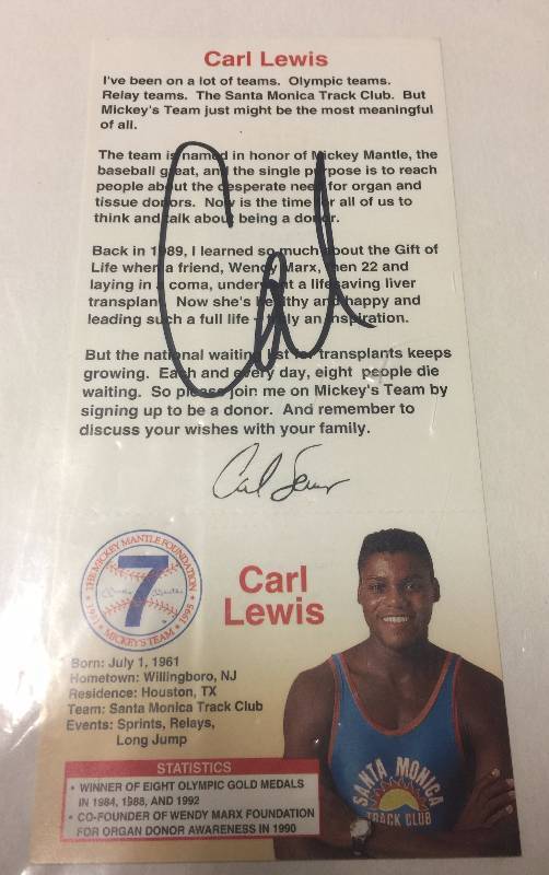 lot 1028 image: Carl Lewis Signed Mickey Mantle Foundation Promotional Flyer