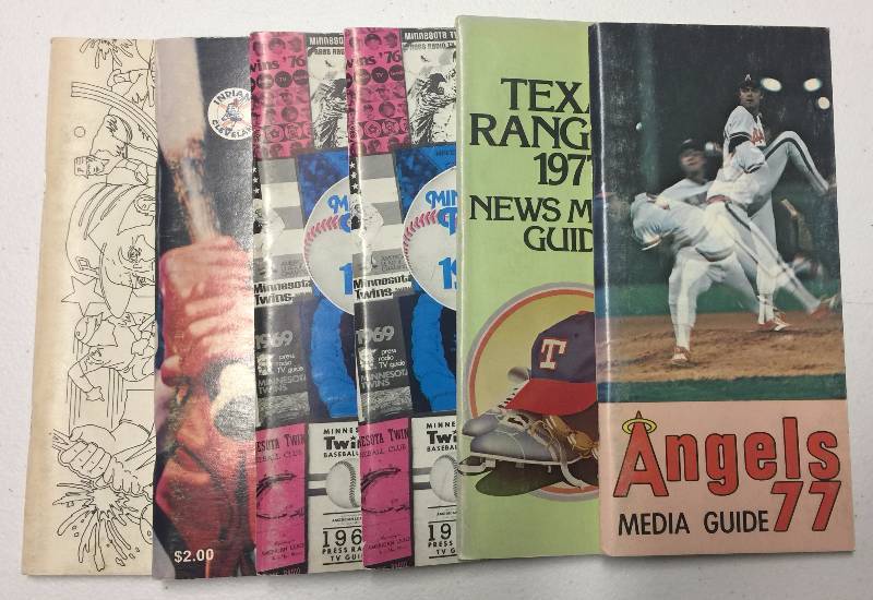 lot 1054 image: Lot of Six 1977 Official Major League Baseball Media Guides of Five Teams (Twins x2, Rangers, Angels, Indians, Pirates)