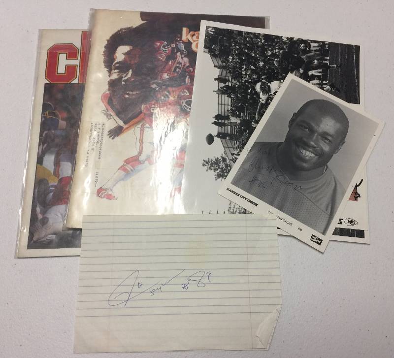 lot 1068 image: Kansas City Chiefs Memorabilia Lot Including Otis Taylor Autograph, Christian Okoye Autograph, and more