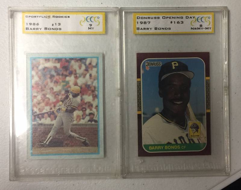 lot 1083 image: Two Professionally Graded Barry Bonds Rookies 1987 Sportflics and 1987 Donruss Opening Day Rookies