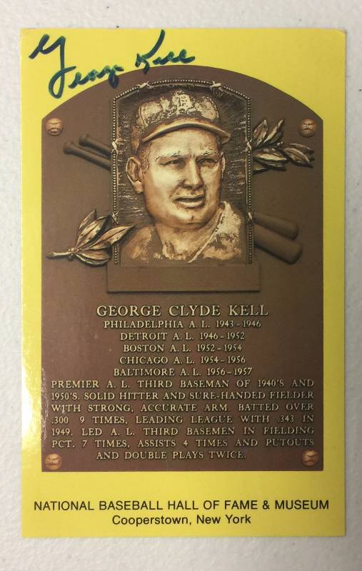 lot 1085 image: Four Baseball Hall of Fame Yellow Plaque Cards Autographs George Kell, Bobby Doerr, Billy Herman, Lou Boudreau