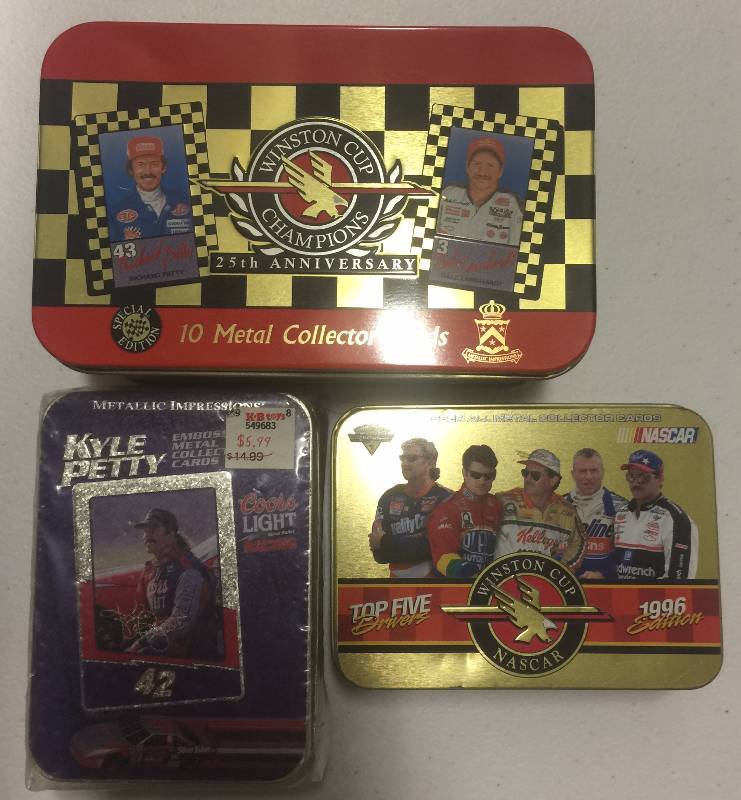 lot 1131 image: 20 Embossed Metal NASCAR Collector Cards in Three Factory Sealed Complete Sets