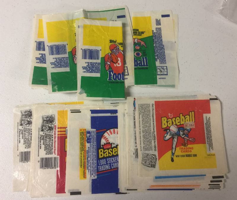 lot 1151 image: Huge Lot of Dozens and Dozens of Wax Pack Wrappers From the 1970s and 1980s