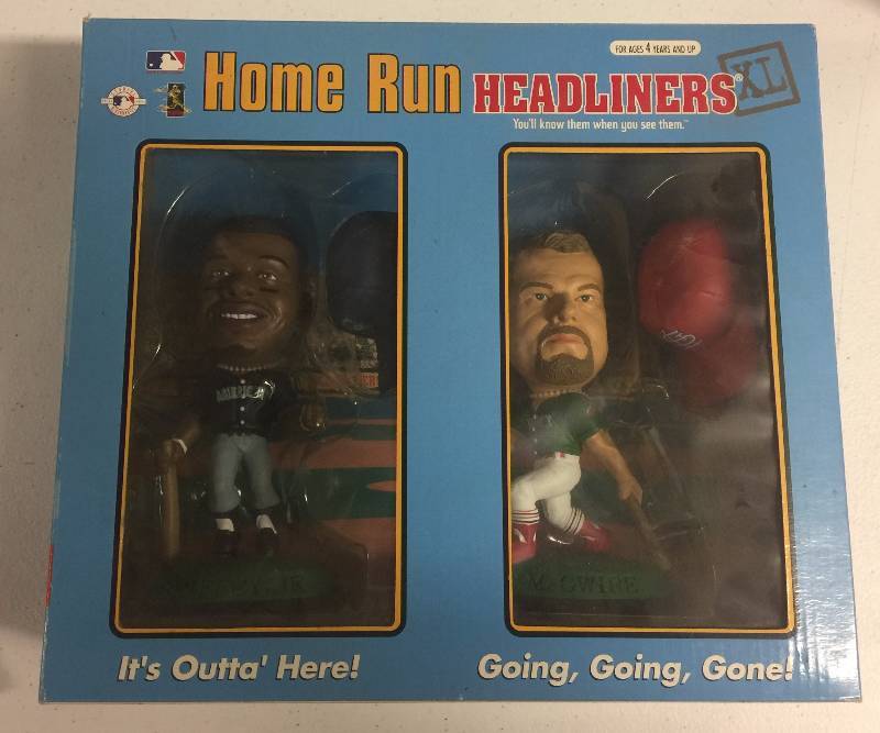 lot 1170 image: 1998 Headliners XL Ken Griffey Jr Mark McGwire Dual Bobble Head New In Box NEVER OPENED Home Run