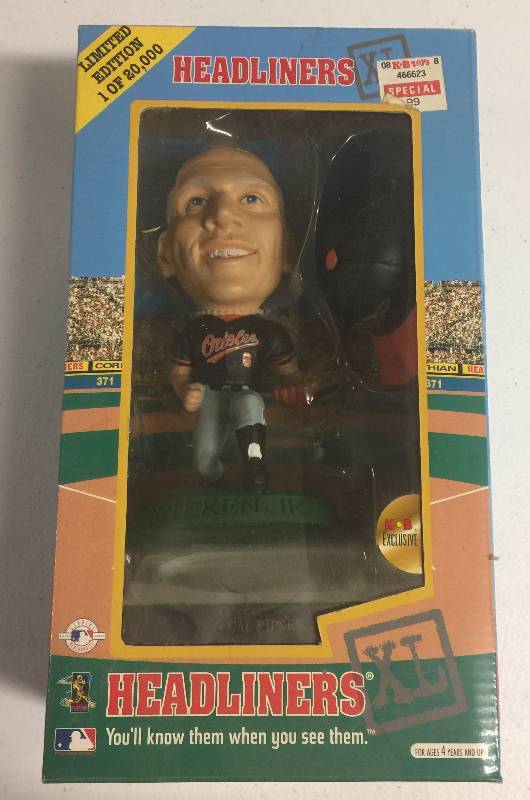 lot 1173 image: 1998 Headliners Cal Ripken Jr Black Jersey Bobble Head New In Box NEVER OPENED with Certificate of Authenticity KB Toys Exclusive