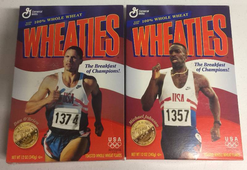 lot 1178 image: Two 1996 Wheaties Boxes With Olympic Champions Dan OBrien and Michael Johnson on Front