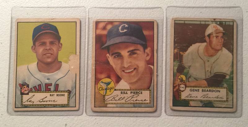 lot 910 image: Three Original 1952 Topps Cards #55 Ray Boone Black Back, #98 Billy Pierce, #229 Gene Reardon High Book Value $150.00