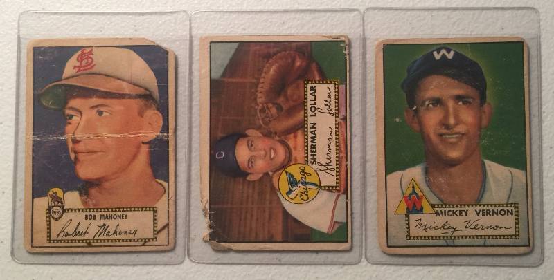 lot 911 image: Three Original 1952 Topps Cards #58 Bob Mahoney Red Back, #106 Mickey Vernon, #117 Sherman Lollar High Book Value $140.00