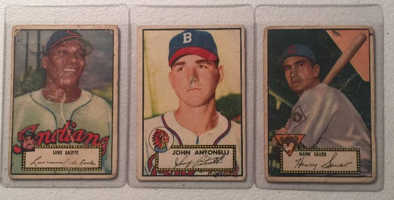 lot 912 image: Three Original 1952 Topps Cards #35 Hank Sauer Black Back, #24 Luke Easter Black Back, #140 John Antonelli High Book Value $180.00
