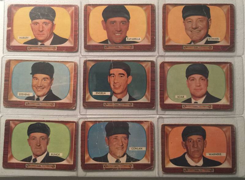 lot 916 image: Lot of Nine Original 1955 Bowman Umpire Cards Short Printed Umpires wHall of Famers Book Value $350.00