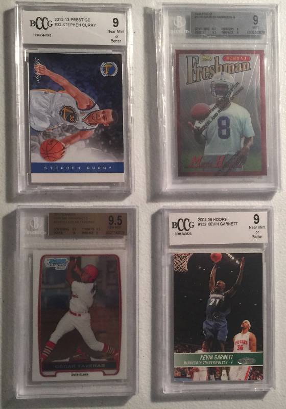 lot 919 image: Four Beckett Graded Cards Including a GEM MINT 9.5 w Steph Curry, Kevin Garnett, Marvin Harrison RC, & Oscar Tavares
