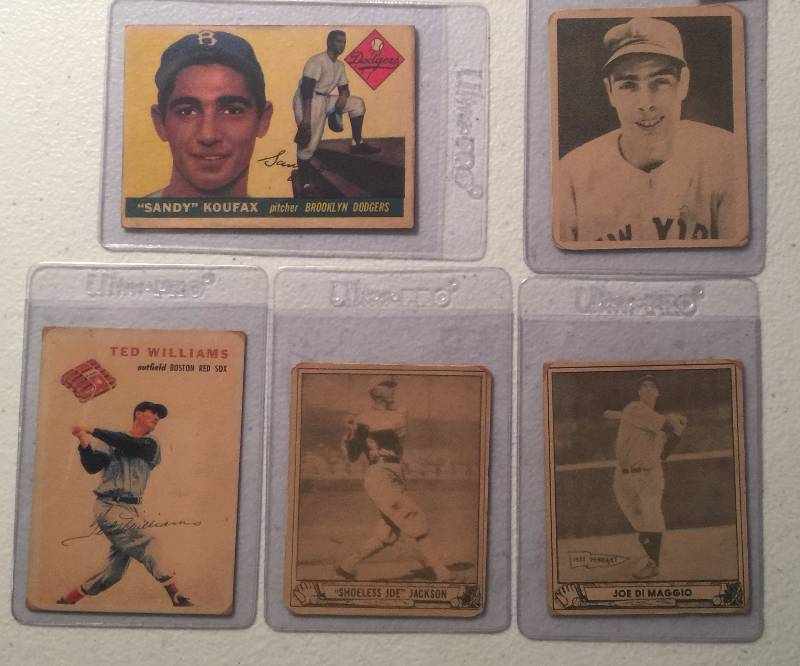 lot 921 image: Five Card Reprint Lot of Iconic Baseball Cards Sandy Koufax Rookie, Joe DiMaggio, Joe Jackson, & Ted Williams