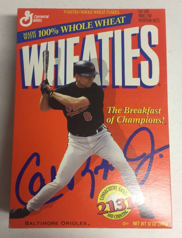 lot 1183 image: Unopened Wheaties Box Cal Ripken Jr Breaking Lou Gehrig Iroman Streak on Box