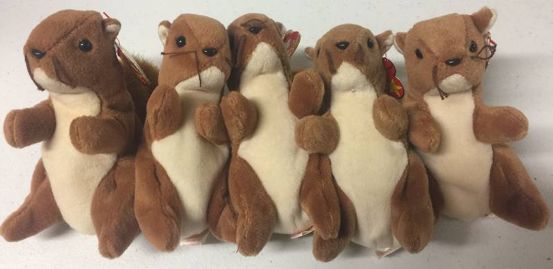 lot 1217 image: Five (5) New Mint Ty Beanie Babies Nuts the Squirrel with Mint Tags