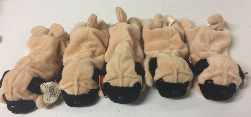 lot 1219 image: Five (5) New Mint Ty Beanie Babies Pugsly the Pug Dog with Mint Tags