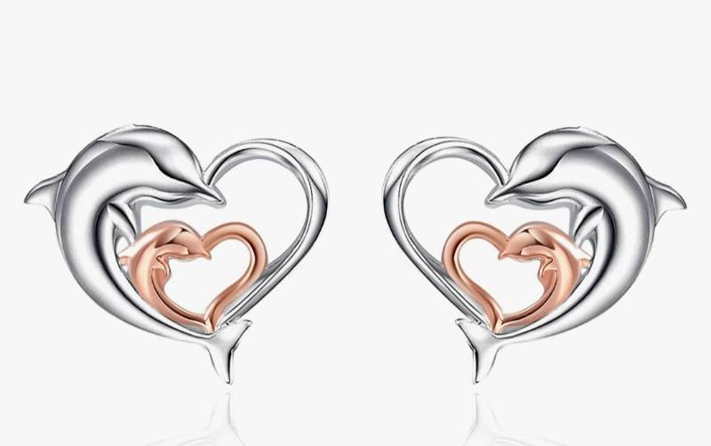 lot 28911 image: Dolphin Earrings Gifts for Women 925 Sterling Silver Gold Plated Eternal Love Heart Double Dolphin Stud Earrings Gifts for Women Girls (Rose gold dolphin earrings)