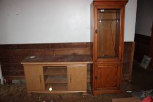 lot 18051 image: Tv Cabinet And Tall Wood Cabinet w Glass Door
