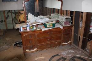 lot 18065 image: Antique Dresser w Mirror  Foam Padding  Dehumidifier  Bike Parts