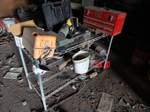 lot 11141 image: Small Metro Rack and Contents  Toolbox  Fuji Level  Drill and Misc    East 12 of West Barn