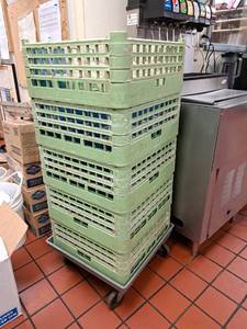 lot 20843 image: 5 Green Glass Holders on Cart Dolly