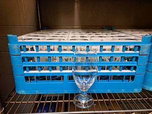 lot 20833 image: Lot of (6) Tan Glass Holders on Cart Dolly