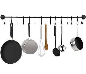 lot 2678 image: Greenco Pot and Pan Wall Mounted Rail Hanger Racks Cookware Set and Storage Organization 15-Hook Hanging Rack  Black Pots and Pans Organizer  Great For Kitchen Shelf