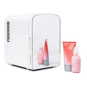 lot 2737 image: Chefman Portable Mirrored Personal Fridge 4 Liter Mini Refrigerator Skin Care, Makeup Storage, Beauty, Serums and Face Masks, Small for Desktop Or Travel, Cool & Heat, Cosmetic Application, White (B08571M9CT)
