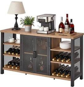lot 2837 image: (unknownloose hardware) FATORRI Industrial Wine Bar Cabinet for Liquor and Glasses, Farmhouse Wood Coffee Bar Cabinet with Wine Rack, Metal Sideboard and Buffet Cabinet (55 Inch, Rustic Oak)