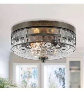 lot 41714 image: KSANA Farmhouse Faux Wood Flush Mount Ceiling Light Fixture with Water Ripple Glass for Bedroom, Hallway, Kitchen, Dining & Living Room, Foyer and Bathroom