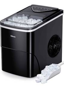 lot 58702 image: Silonn Ice Makers Countertop, 9 Cubes Ready in 6 Mins, 26lbs in 24Hrs, Self-Cleaning Ice Machine with Ice Scoop and Basket, 2 Sizes of Bullet Ice for Home Kitchen Office Bar Party