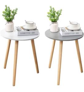 lot 58727 image: Apicizon 2 pcs Round Side Table, Nightstand Coffee End Table for Living Room, Bedroom, Small Spaces, Easy Assembly Modern Home Decor Bedside Table with Natural Wood Legs, White & Grey