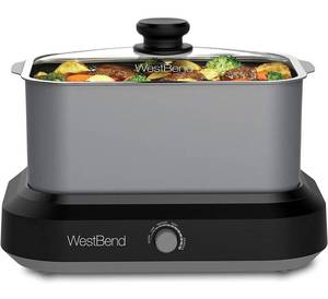lot 58740 image: West Bend 87906 Slow Cooker Large Capacity Non-stick Variable Temperature Control Includes Travel Lid and Thermal Carrying Case, 6-Quart, Silver - Knob Has Fallen Off