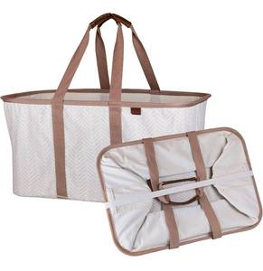 lot 58746 image: CleverMade Collapsible Fabric Laundry Basket - Premium Foldable Pop-Up Storage Bin - Space Saving Hamper Tote with Long Handles, 2 Pack, Cream Herringbone