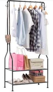lot 58749 image: Heavy Duty Commercial Grade Clothing Garment Rack, 2-Tier Entryway Metal Coat Rack and Shoe Bench Storage Stand with Single Rod and 4 Hooks for Home Office Bedroom Max Capacity 66.1lbs, Black
