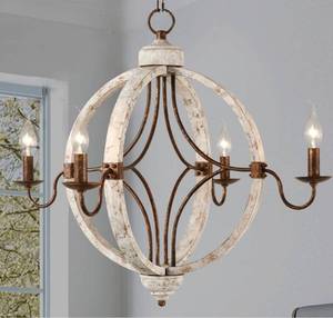 lot 58754 image: $$ 26 Farmhouse Handmade Wood Chandeliers for Dining Room, French Country 4-Light Orb White Globe Rustic Foyer Pendant Light, Vintage Metal Candle Kitchen Light Fixture Ceiling Hanging Entryway Bedroom - Retail $257