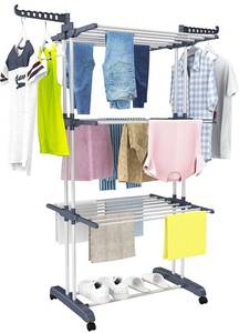 lot 60530 image: HOMIDEC Clothes Drying Rack, Oversized 4-Tier(67.7 High) Foldable Stainless Steel Drying Rack Clothing, Movable Drying Rack with 4 castors, 24 Drying Poles & 14 Hooks for Bed Linen, Clothing, Grey