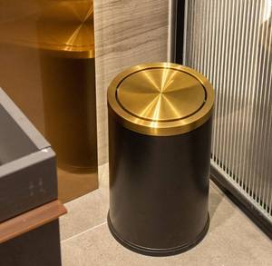 lot 60538 image: Small Black Bathroom Trash Can , Brass Garbage Can with Swing lid��2.4gallon9L,Brushed Stainless Steel Garbage Bin��Metallic Trash Bin for Kitchen Office Living Room Bedroom