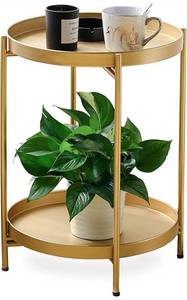 lot 60540 image: Gold Folding End Table 2-Tier Metal Round Side Table with Removable Tray for Living Room (14 Diameter)