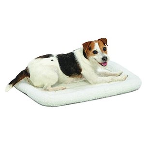 lot 60570 image: 24L-Inch White Fleece Dog Bed or Cat Bed w Comfortable Bolster, Ideal for Small Dog Breeds & Fits a 24-Inch Dog Crate, Easy Maintenance Machine Wash & Dry, 1-Year Warranty