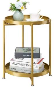 lot 60584 image: danpinera 2-Tier End Table, Outdoor Side Table Metal Round Side Table with Removable Tray, Small Folding Accent Table, Anti-Rust Nightstand for Bedroom Balcony Patio Living Room (Gold)