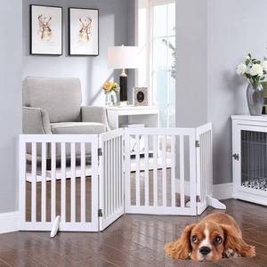 lot 70247 image: Unipaws Freestanding Wooden Dog Gate Foldable Pet Gate with 2PCS Support Feet Dog Barrier Indoor Pet Gate Panels for Stairs 24 Inch Tall 80 Inch Wide White