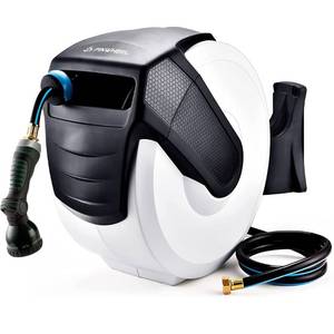 lot 70248 image: PINWHEEL Garden Hose Reel Wall Mount, Slow Return 58 Inch� 65  6 FT Retractable Water Hose Reel Automatic Rewind with Any Length Lock, 8 Pattern Hose Nozzle, 180°Swivel Bracket