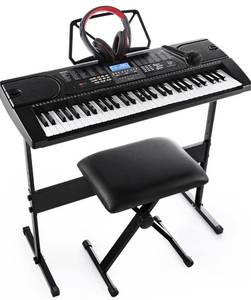 lot 70258 image: 61-Key Electronic Keyboard Pack with Headphones,Microphone,Stand,Stool,and Power Supply-The electronic keyboards